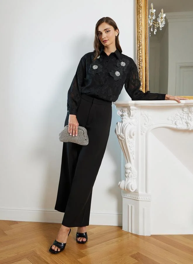 Styli Women Black Floral Jacquard Sheer Shirt